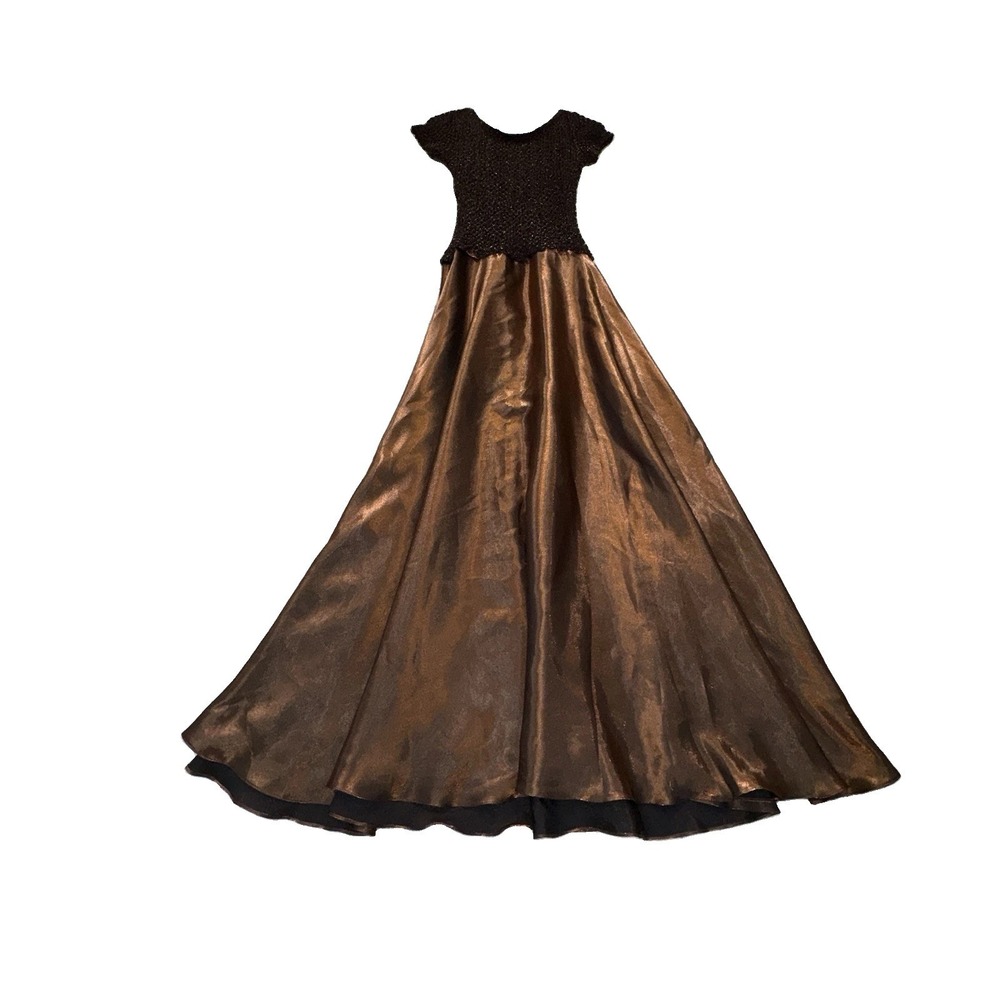 VTG JS Collection Brown Maxi Dress Satin Layered Evening Gown Sz 4 Whimsy Goth